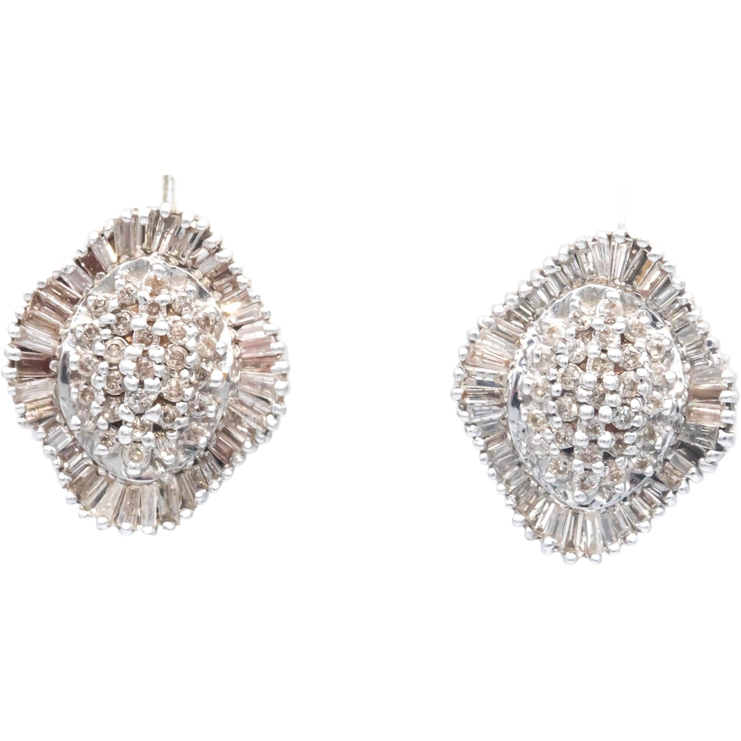 14k White Gold Round and Baguette Cut Cluster Stud Earrings 1.50CT