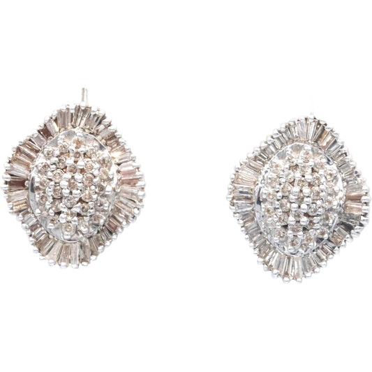 14k White Gold 1.50CT Round and Baguette Cut Cluster Stud Earrings