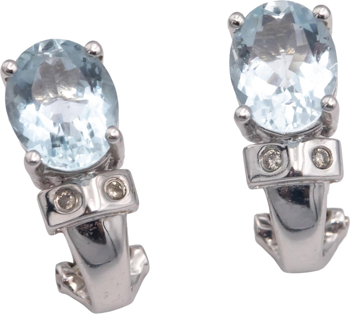 14k White Gold 3.04CT Round Cut Diamond Oval Cut Aquamarine Earrings