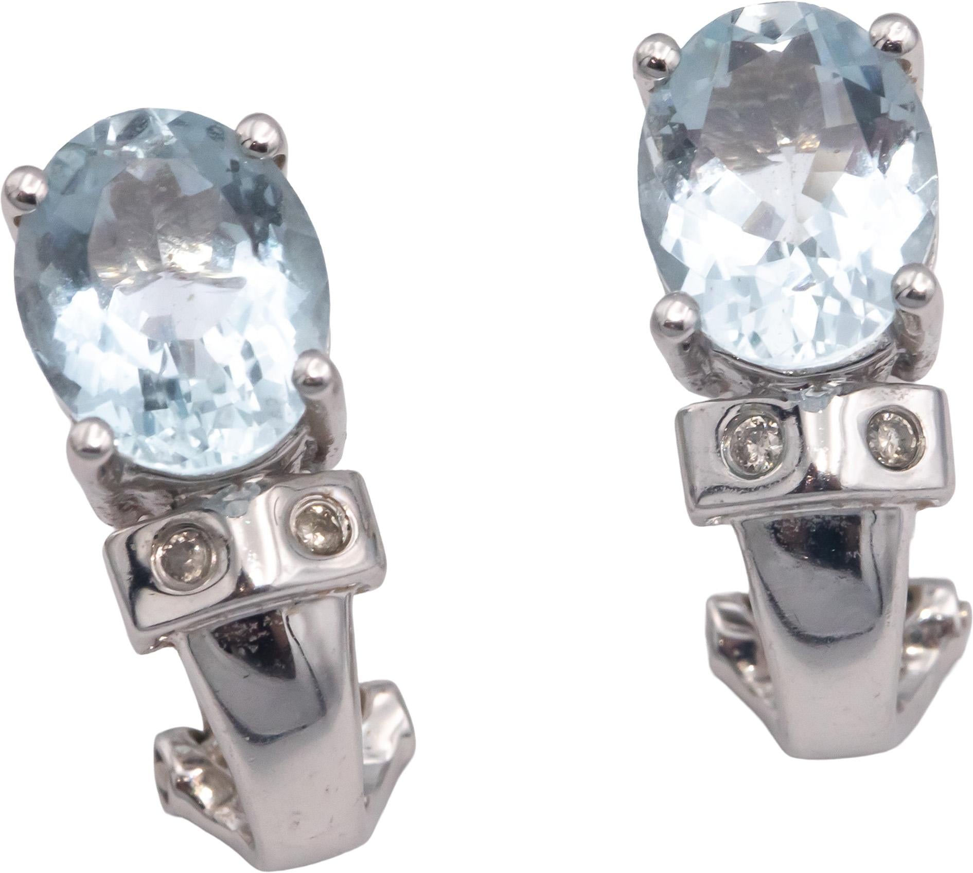 14k White Gold 3.04CT Round Cut Diamond Oval Cut Aquamarine Earrings