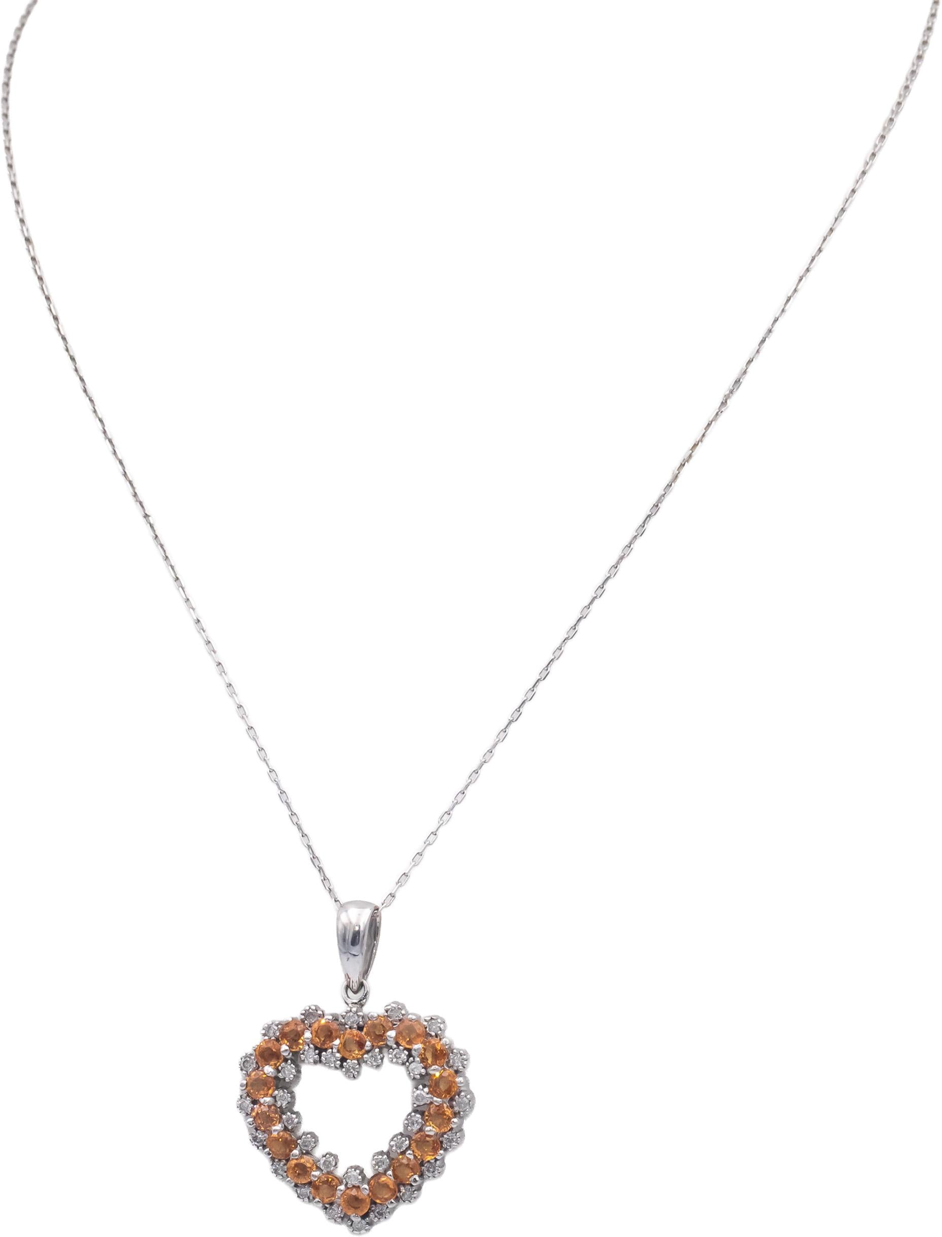 14k White Gold 1.83CT Diamond and Citrine Heart Pendant Necklace