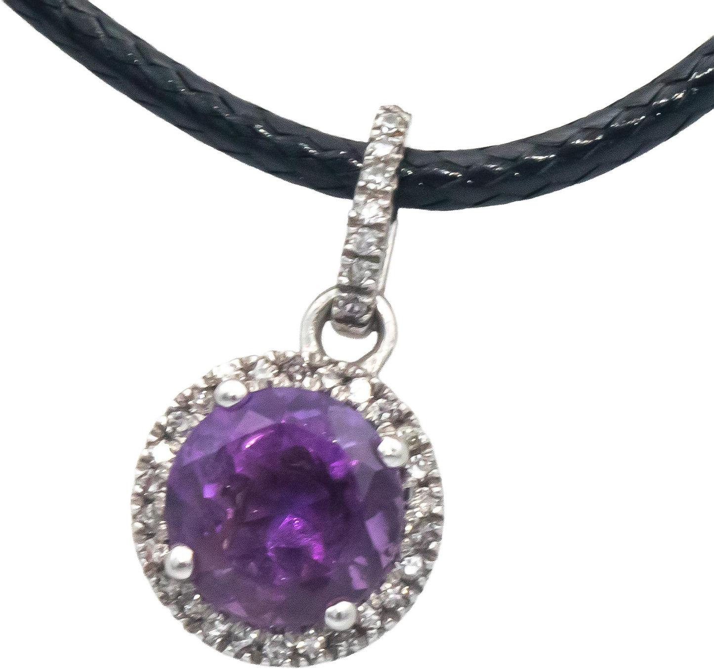 14k White Gold 1.10CT Round Cut Amethyst and Diamond Halo Pendant Necklace