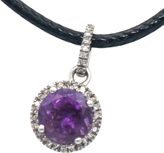 14k White Gold 1.10CT Round Cut Amethyst and Diamond Halo Pendant Necklace