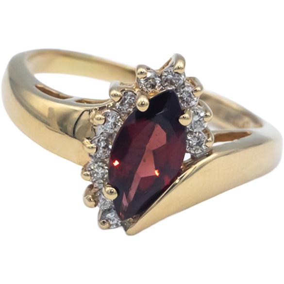 14k Yellow Gold 0.22CT Marquise Garnet and Round Diamond Cocktail Ring Size 7