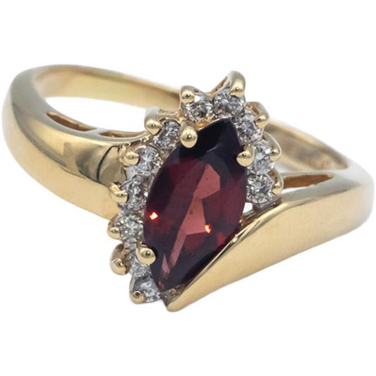 14k Yellow Gold 0.22CT Marquise Garnet and Round Diamond Cocktail Ring Size 7