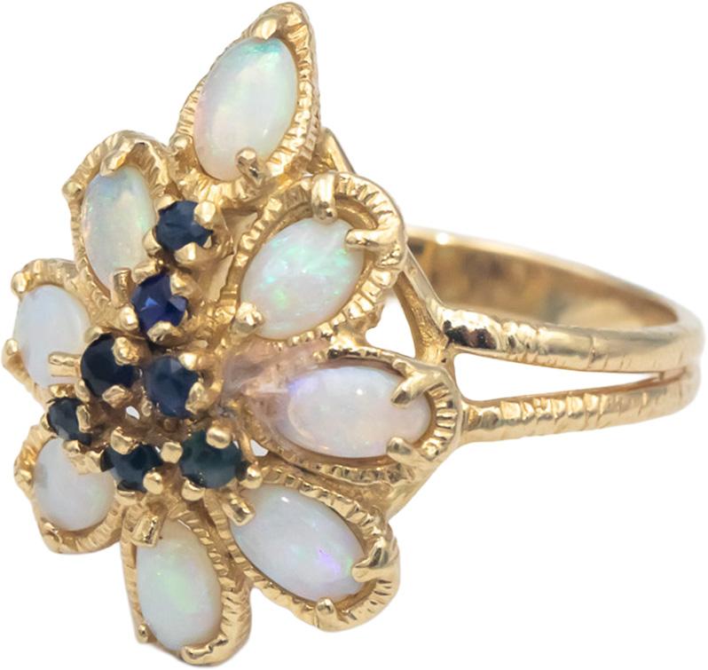 14k Yellow Gold 1.50CT Opal and Blue Sapphire Floral Cocktail Ring Size 6
