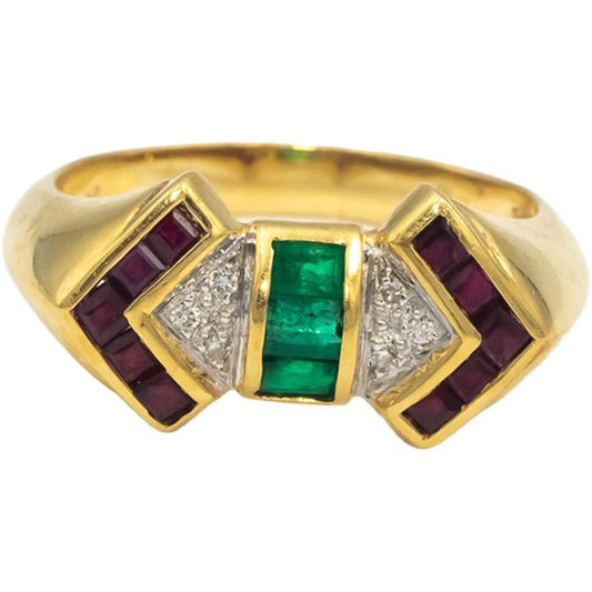 Diamond Emerald Ruby 18k Yellow Gold Cocktail Ring 0.50CT Size 7