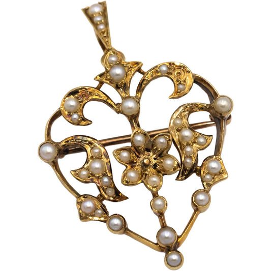 Antique Vintage 14k Yellow Gold Diamond Seed Pearl Heart Brooch Pendant