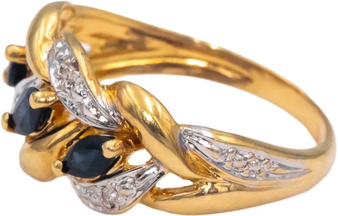18k Yellow & White Gold Round Diamond Marquise Sapphire Ring 0.28CT Size 7