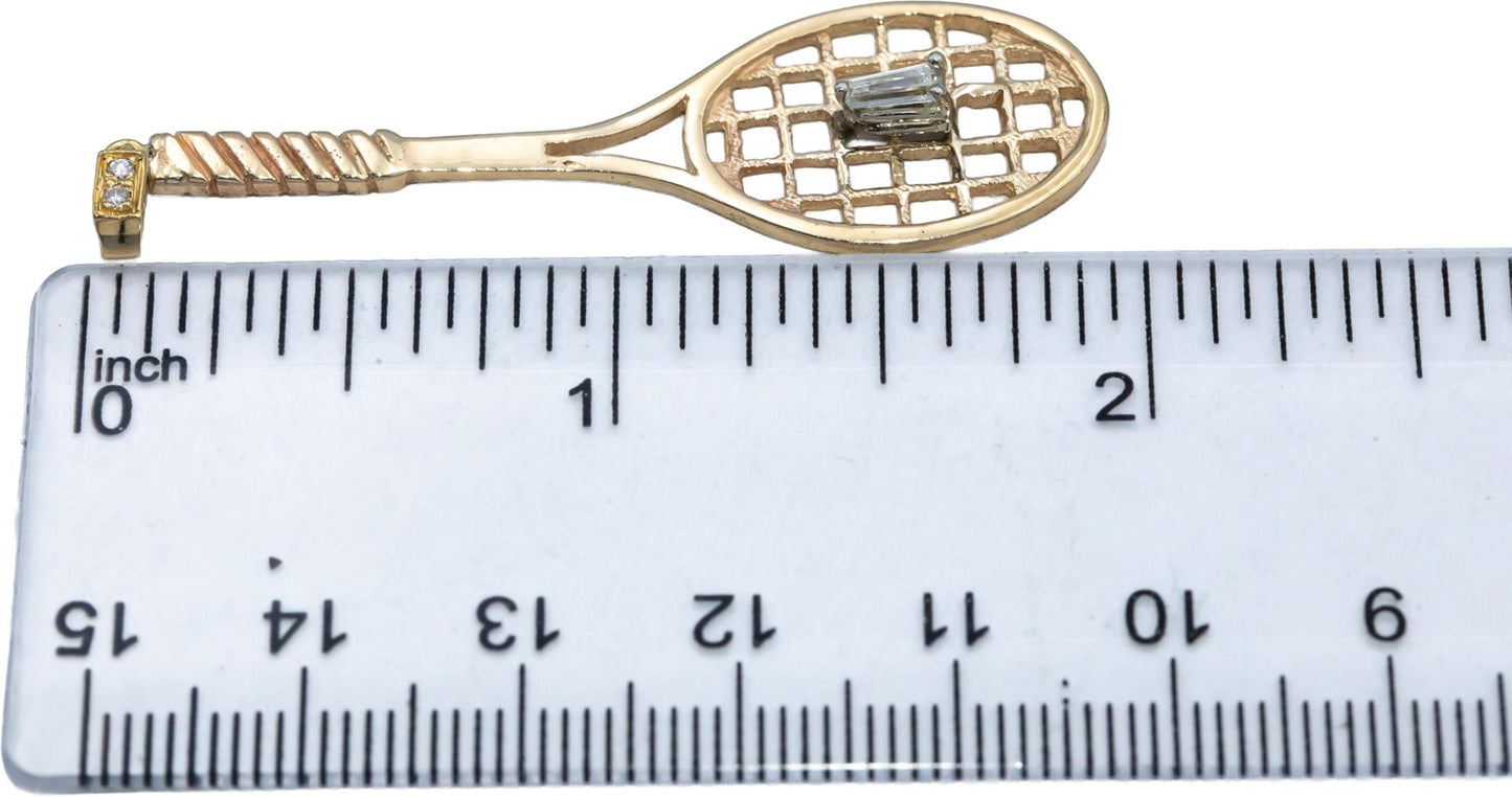 14k Yellow Gold VS Baguette & Round Diamond Tennis Racket Pendant 0.15CT