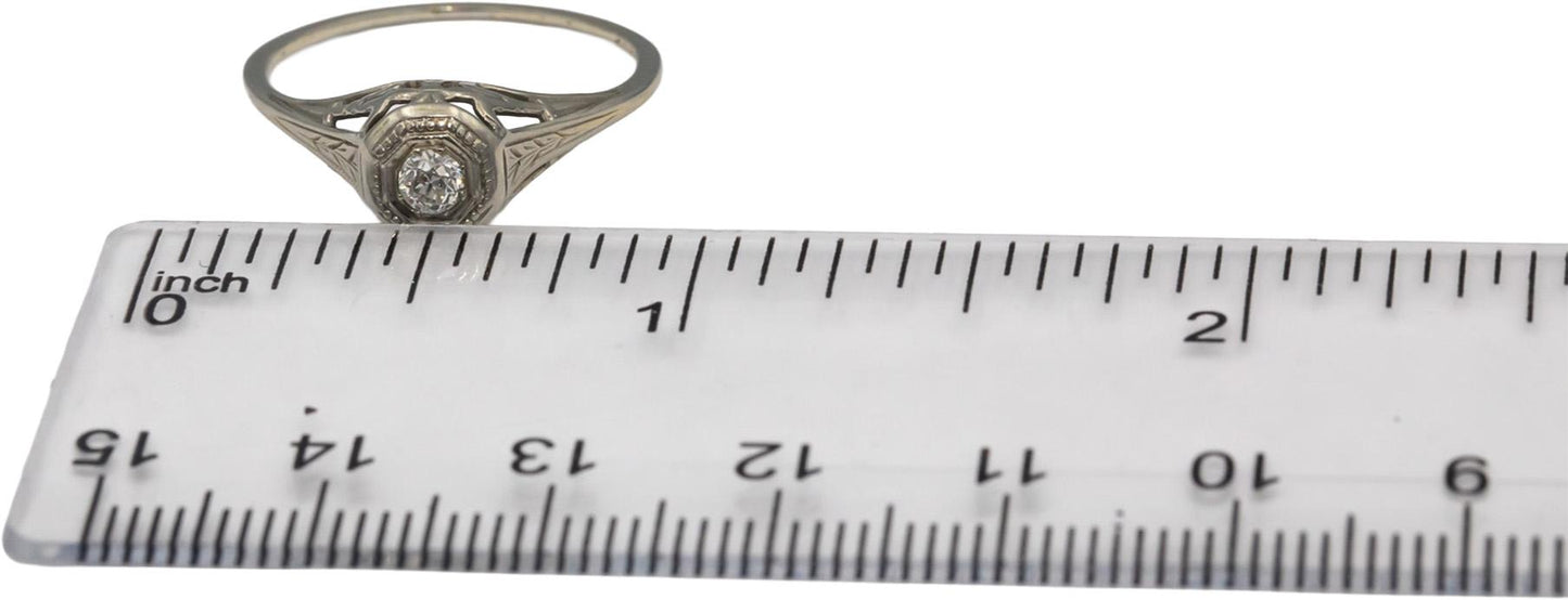 Vintage Antique 18k White Gold Old European Cut Diamond Filigree Ring 0.15CT