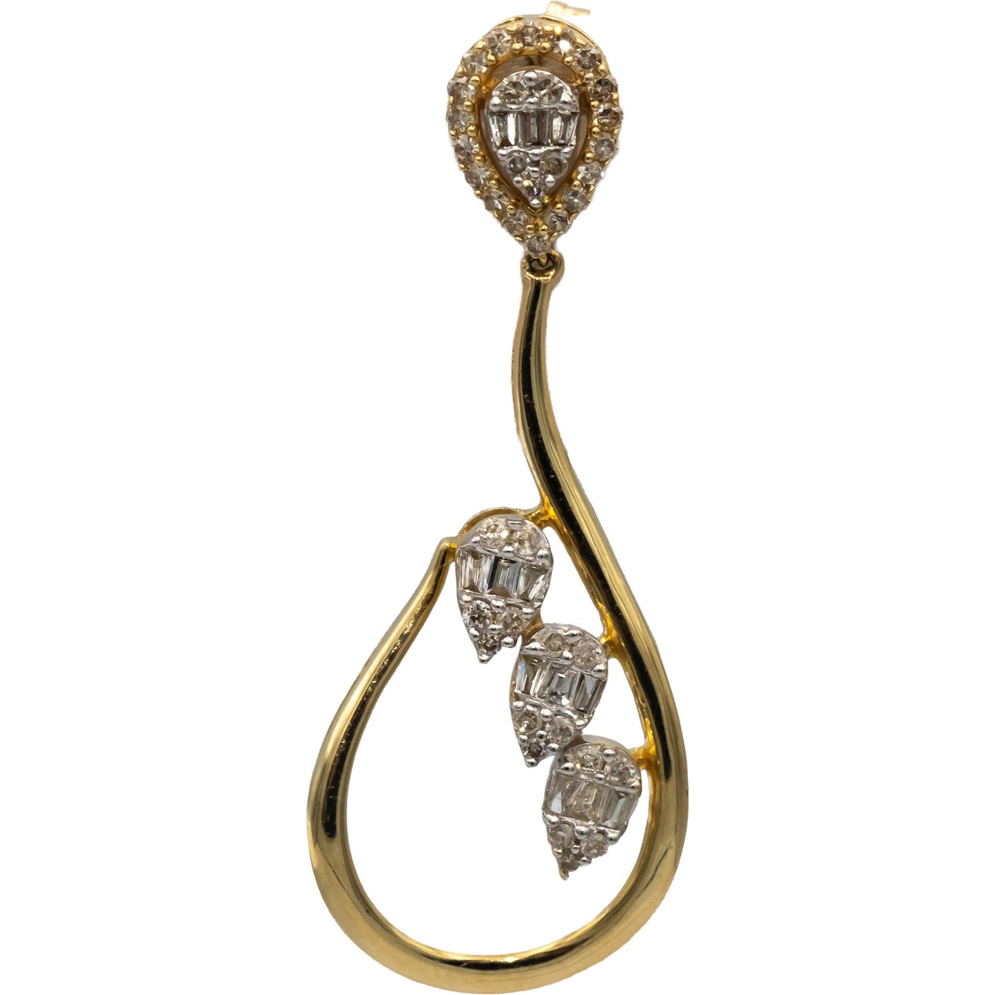 14k Yellow Gold Round & Baguette Cut Diamond Drop Dangle Earrings 1.0CT