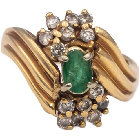 14k Yellow Gold Oval Emerald Round Diamond Cocktail Ring 1.0CT Size 6.5