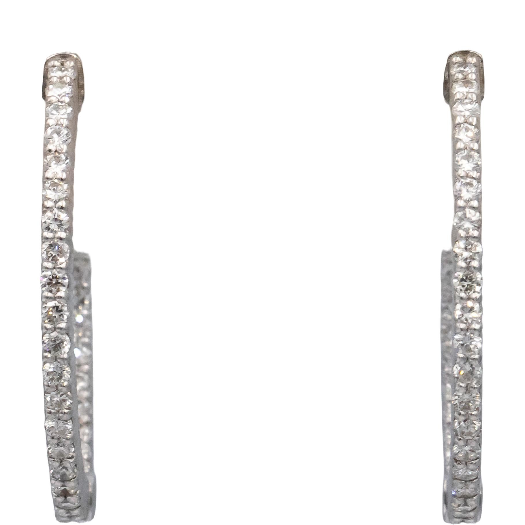 14k White Gold VS Round Diamond Inside Out Oval Hoop Earrings 1.33CT