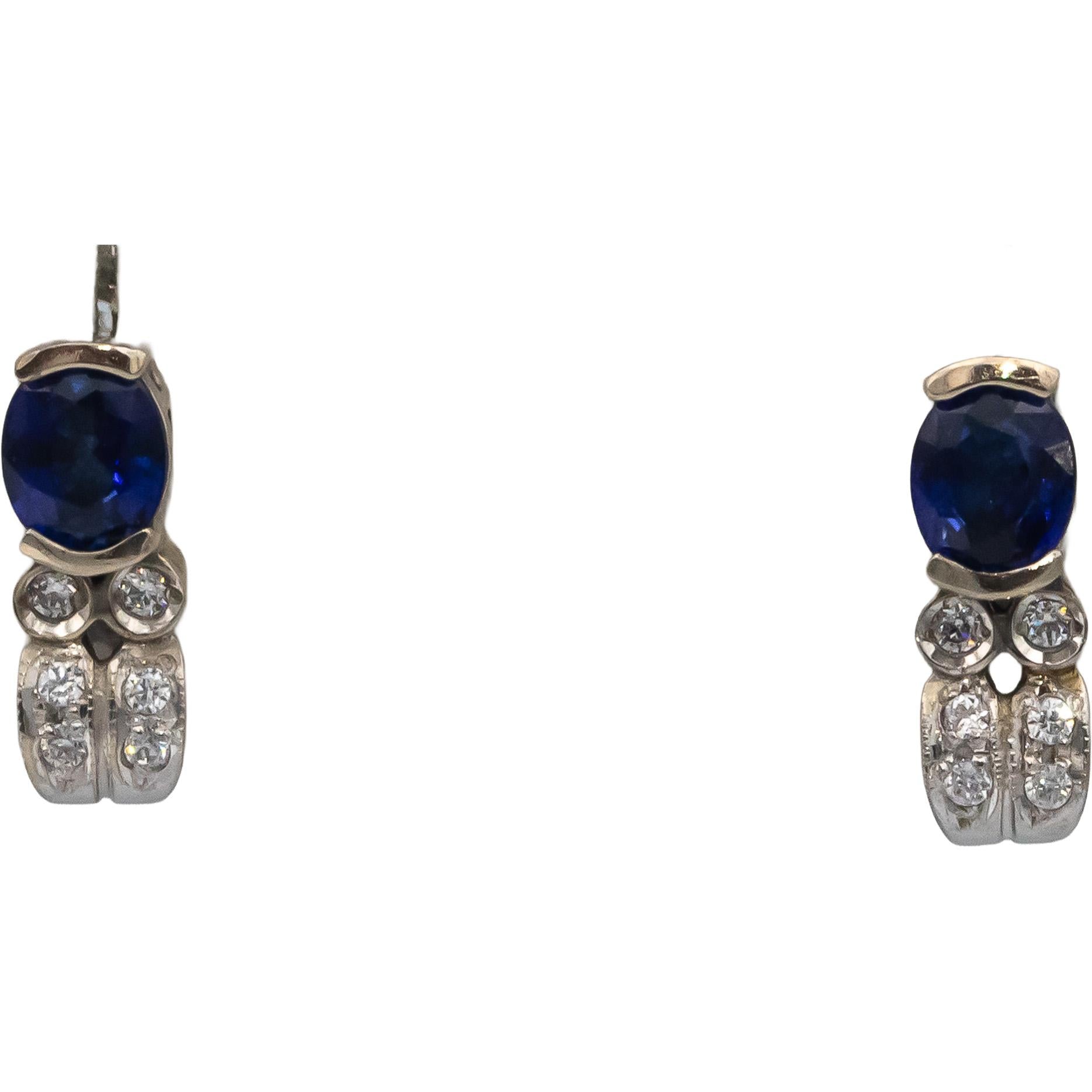 14k White Gold Oval Sapphire Round Diamond Earrings 0.95CTW