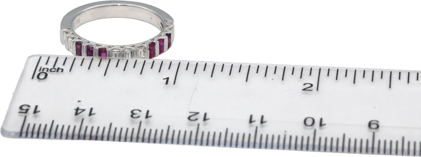 18k White Gold Emerald Cut Ruby and Diamond Band Ring Size 0.75CT Size 6.5