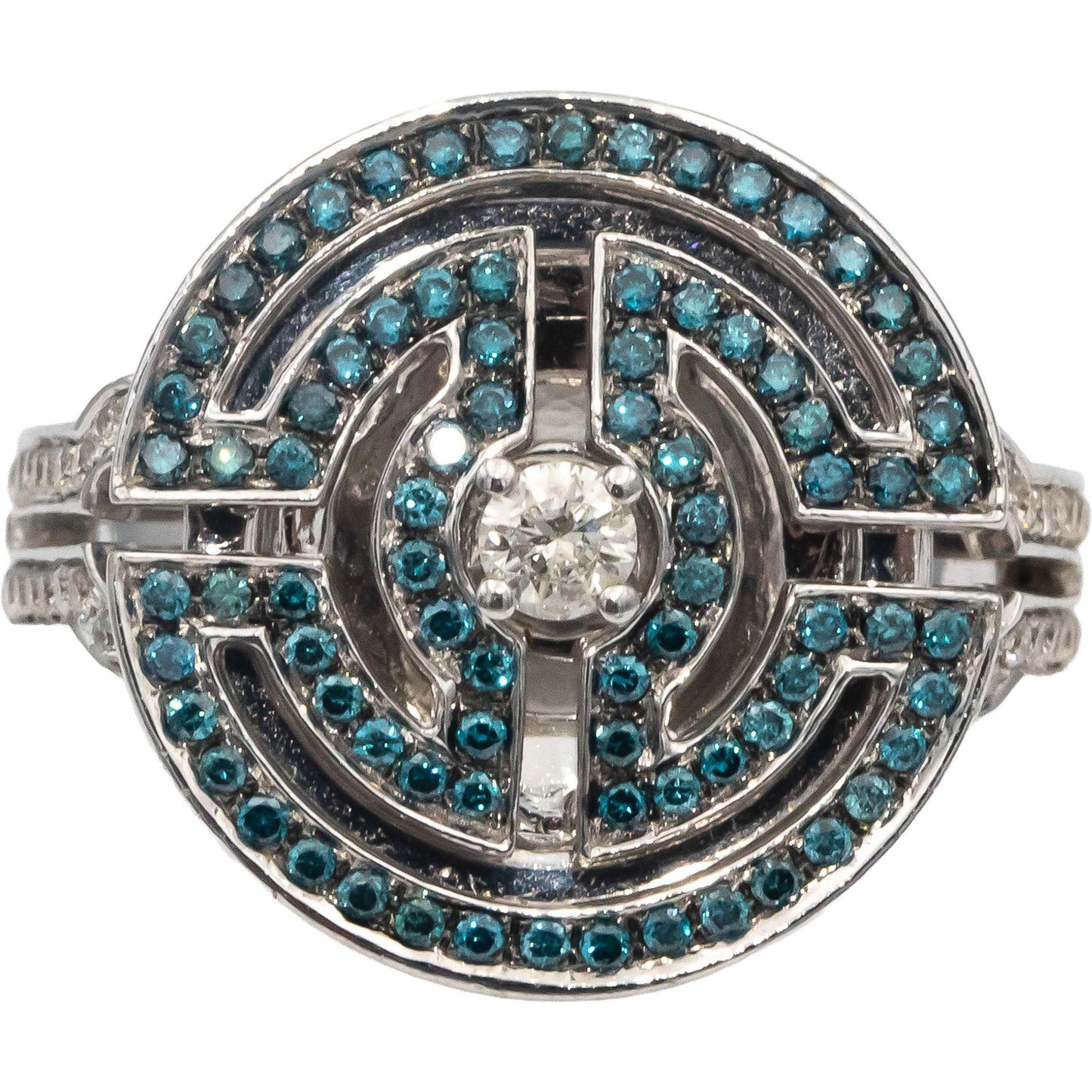 14k White Gold Round White & Blue Diamond Cocktail Ring 0.75CT Size 7