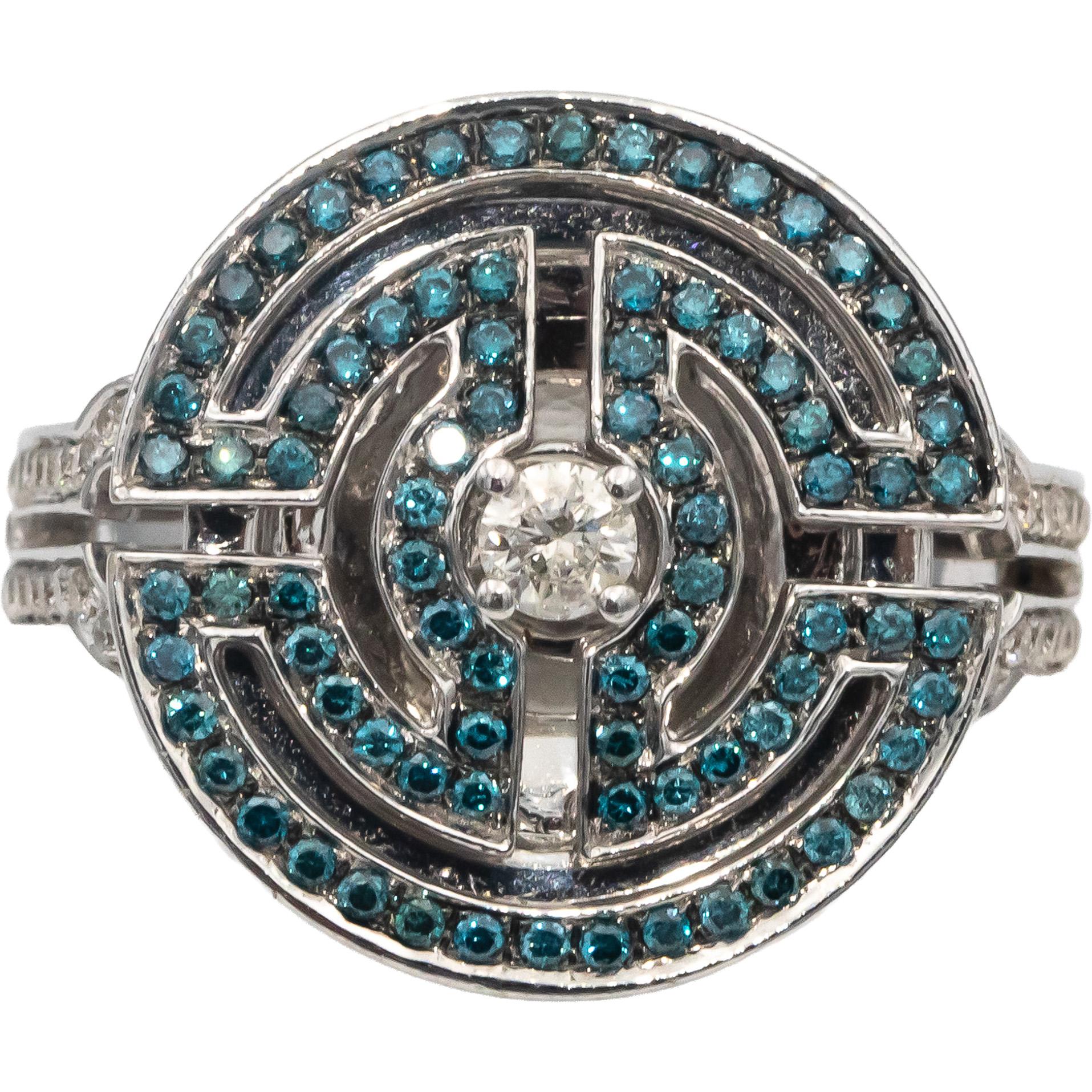 14k White Gold Round White & Blue Diamond Cocktail Ring 0.75CT Size 7