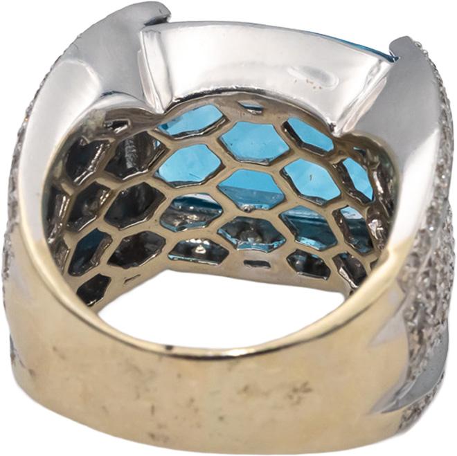 14k White Gold Blue Topaz and Diamond Cocktail Ring 13.50CT Size 7.75