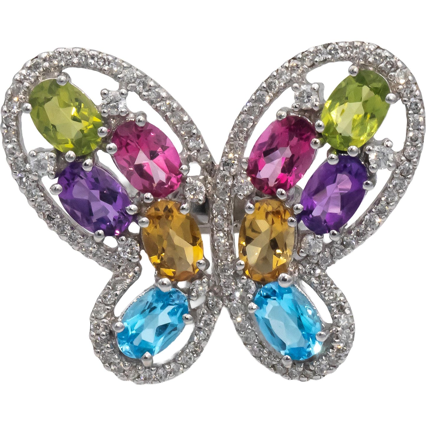 14k White Gold Diamond Assorted Gemstones Butterfly Cocktail Ring 0.75CT Sz 6.5