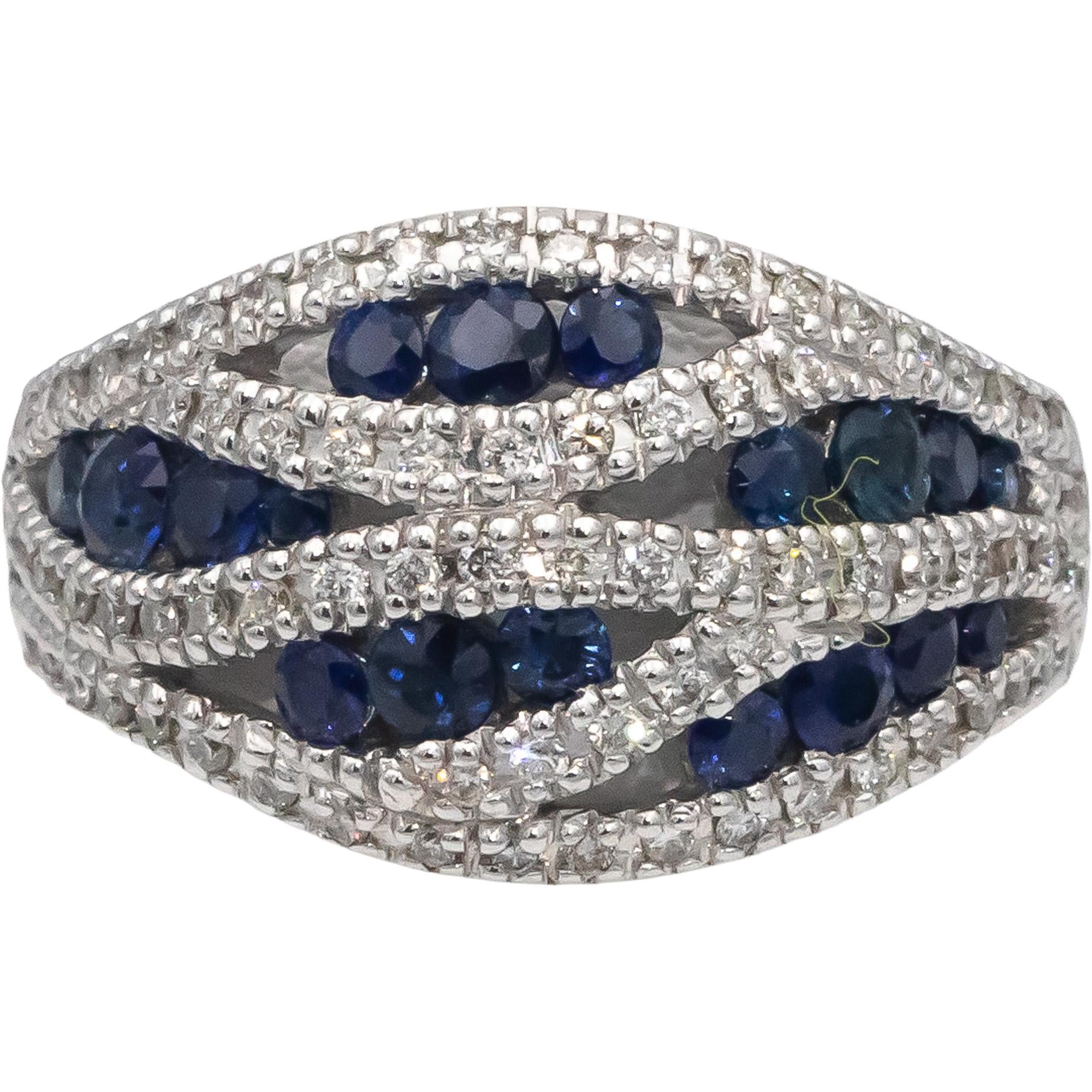 14k White Gold Round Diamond & Blue Sapphire Cocktail Ring 1.15CT Size 7