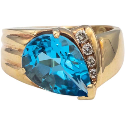 14k Yellow Gold Pear Cut Blue Topaz Round Diamond Cocktail Ring 3.08CT Size 5.25