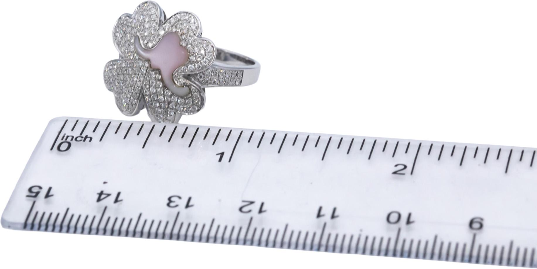 18k White Gold Round Diamond & Mother of Pearl Clover Ring 0.75CT Size 7