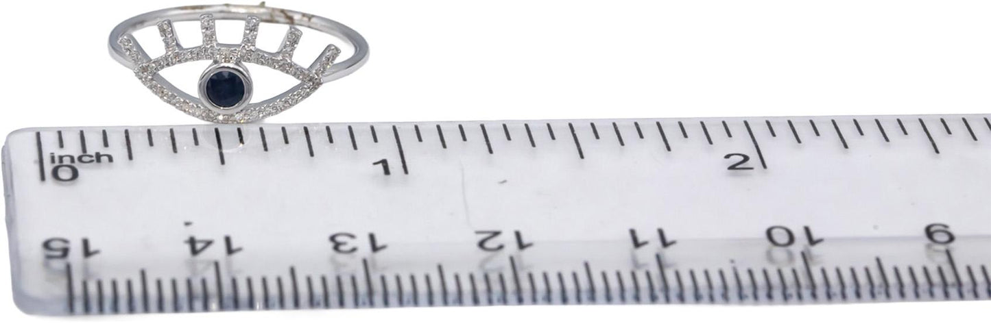 18k White Gold Round Diamond & Blue Sapphire Evil Eye Band Ring 0.27CT Size 6.75