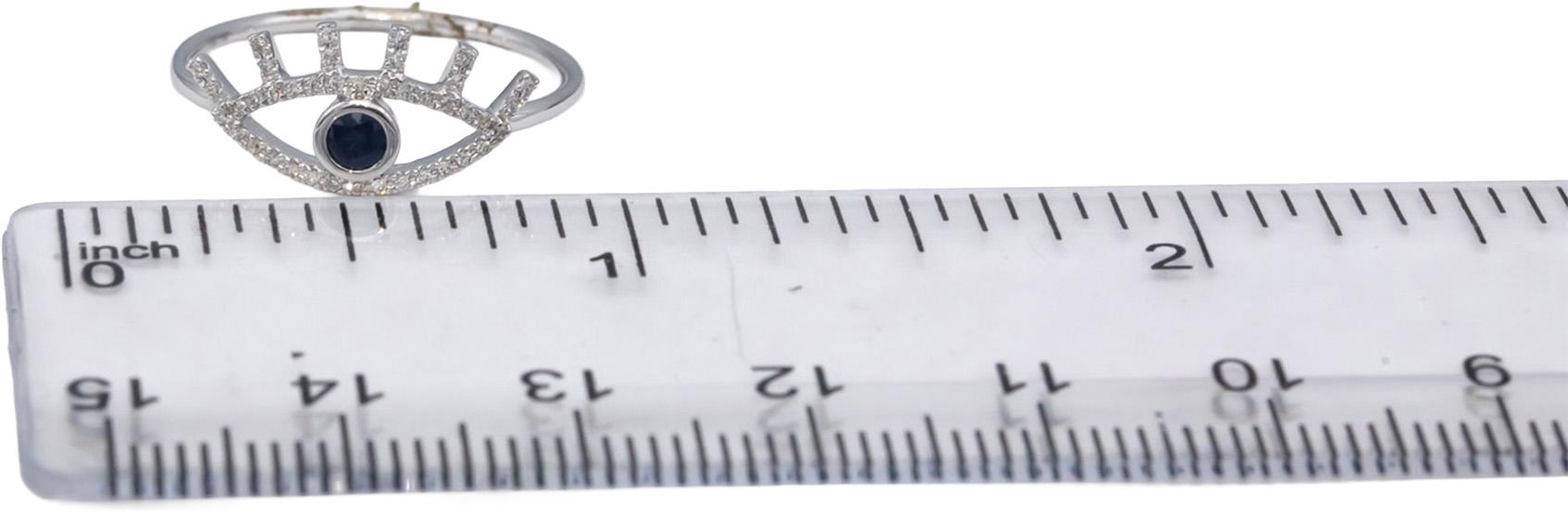 18k White Gold Round Diamond & Blue Sapphire Evil Eye Band Ring 0.27CT Size 6.75