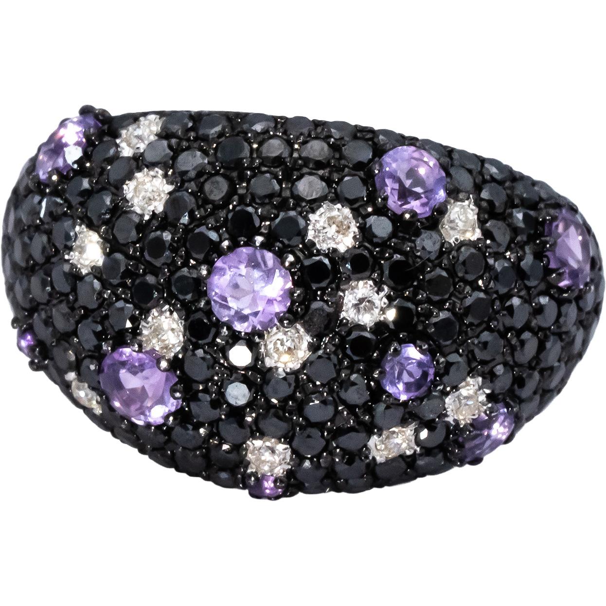 14k White Gold Round Black & White Diamond Amethyst Cluster Ring 1.0CTW Size 6.5