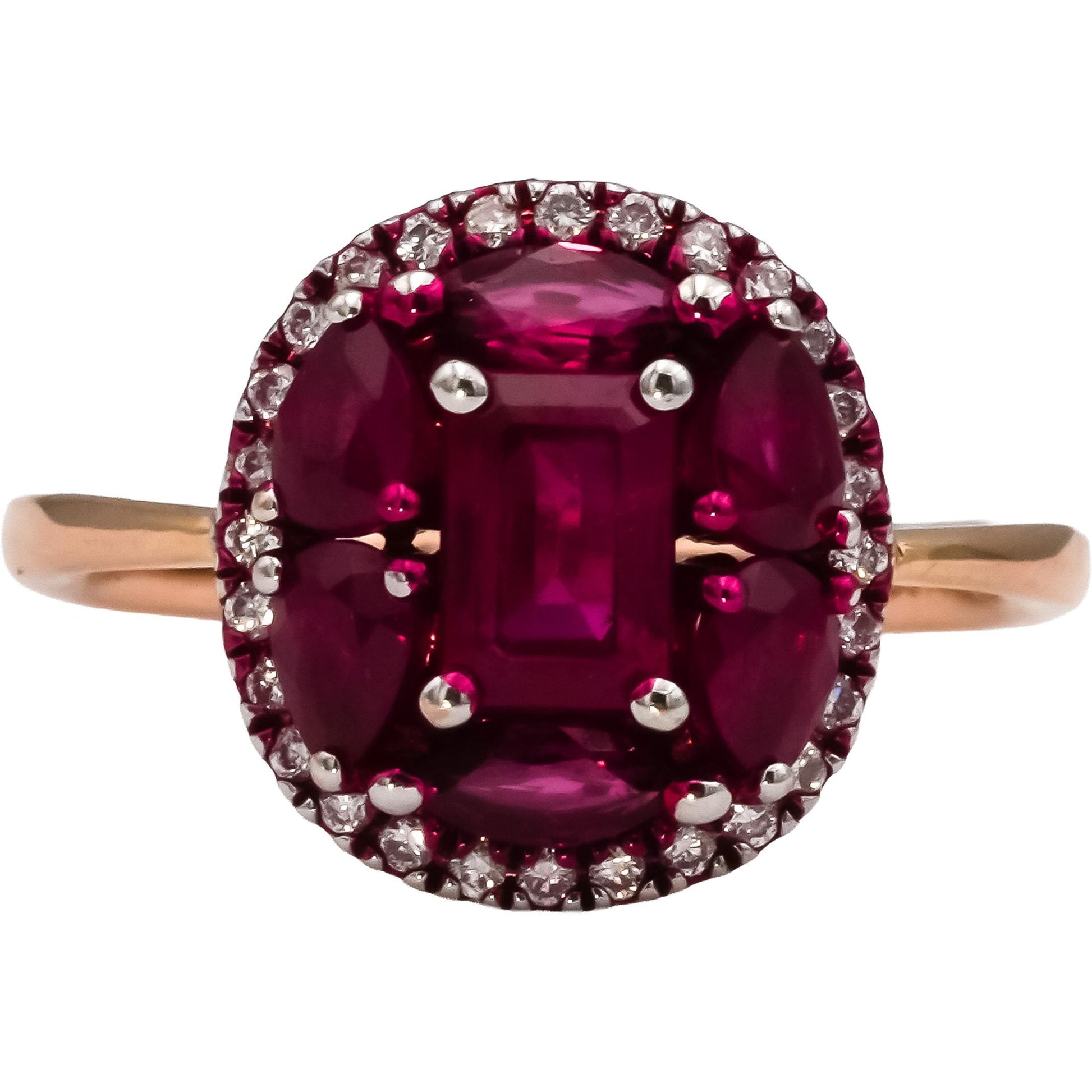 18k Rose Gold Ruby and Diamond Cluster Cocktail Ring 2.04CT Size 5.5