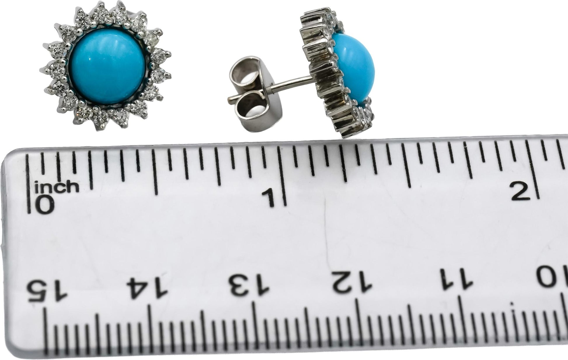 18k White Gold VS Round Diamond and Cabochon Turquoise Stud Earrings 0.50CT