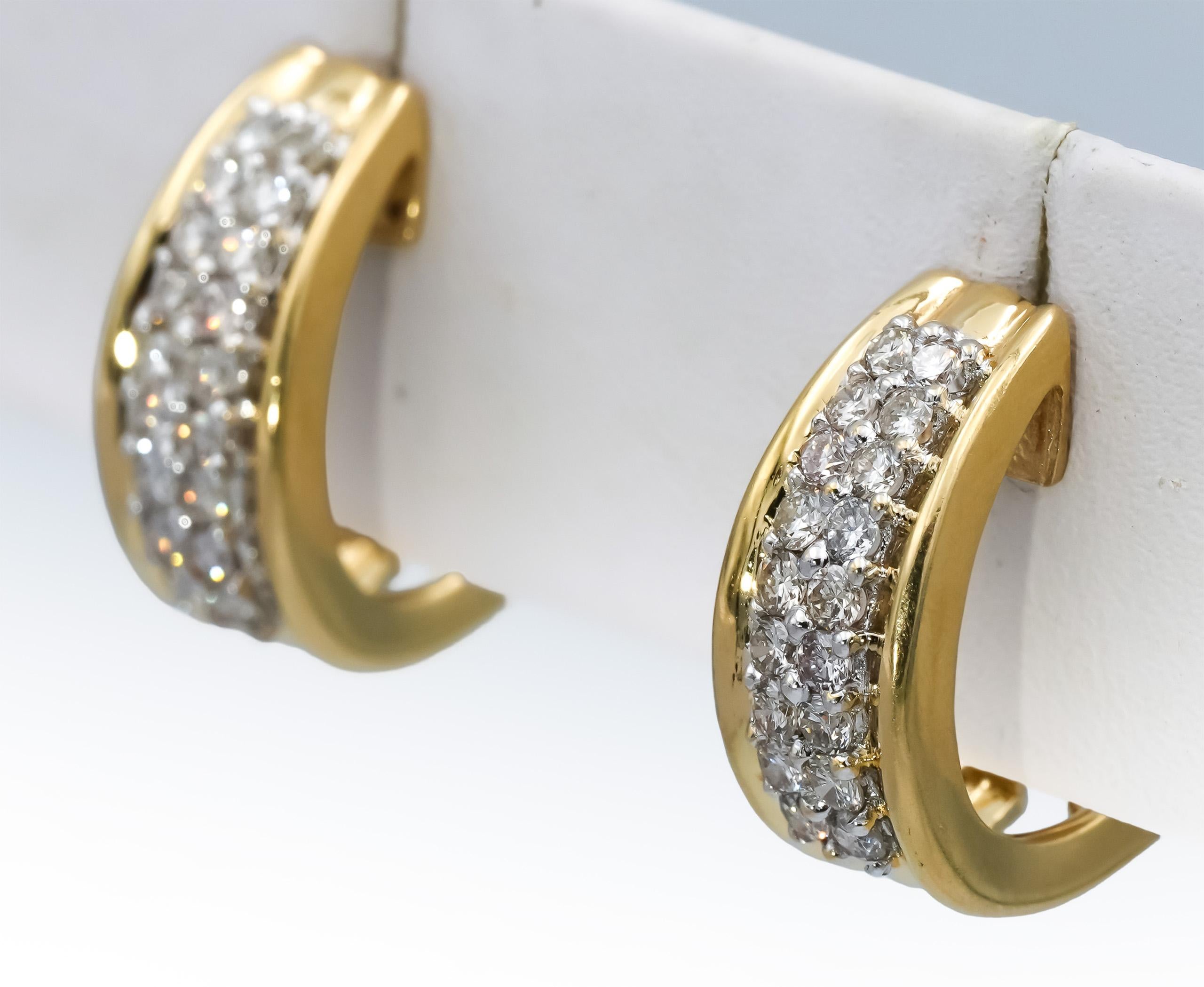 14k Yellow Gold Round Diamond Curved Earrings 0.90CT