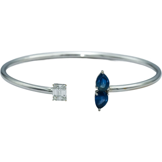 18k White Gold VS Diamond & Blue Sapphire Cuff Bracelet 1.83CTW