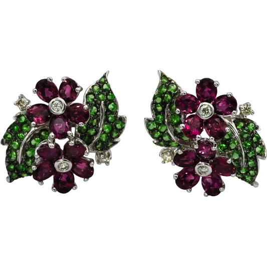 18k White Gold Diamond Pink and Green Tourmaline Flower Earrings 5.25CT