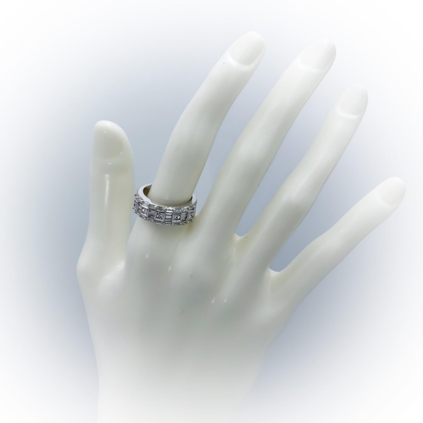 18k White Gold VS Round Baguette Princess Cut Diamond Band Ring 1.25CT Size 6.75