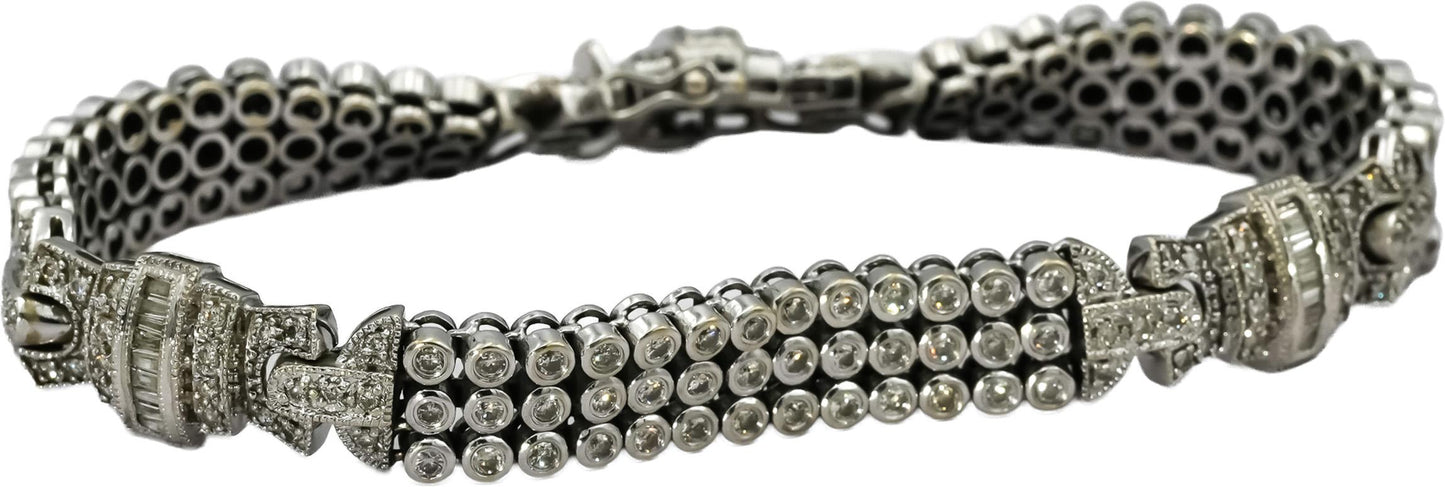 14k White Gold Round and Baguette Cut Diamond Fancy Link Bracelet 3.35CT