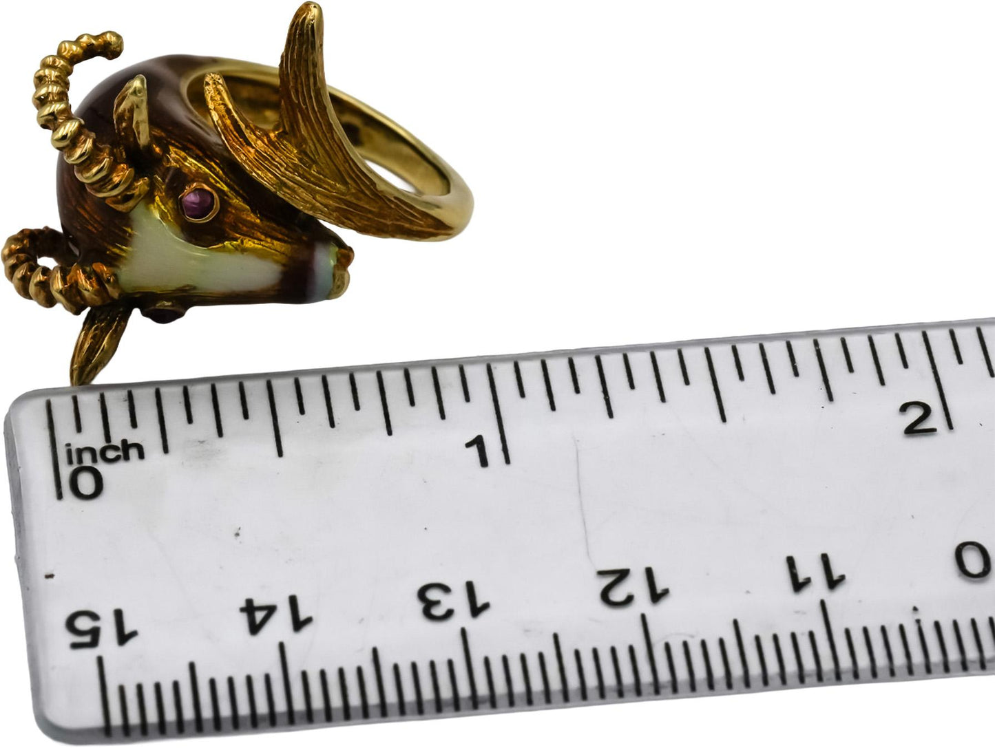 14k Yellow Gold Ruby and Enamel Rams Head Ring Size 5.25