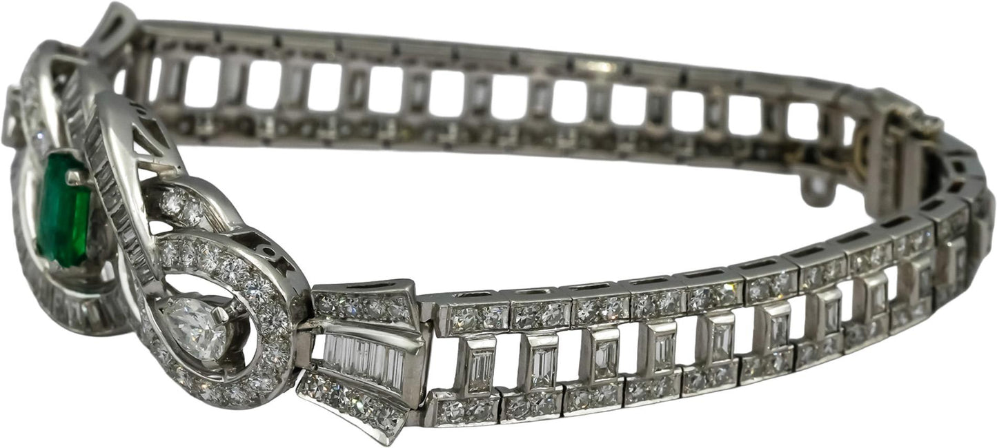 Vintage Antique Deco Platinum VS Diamond and Emerald Bracelet 6.50-7.0CT