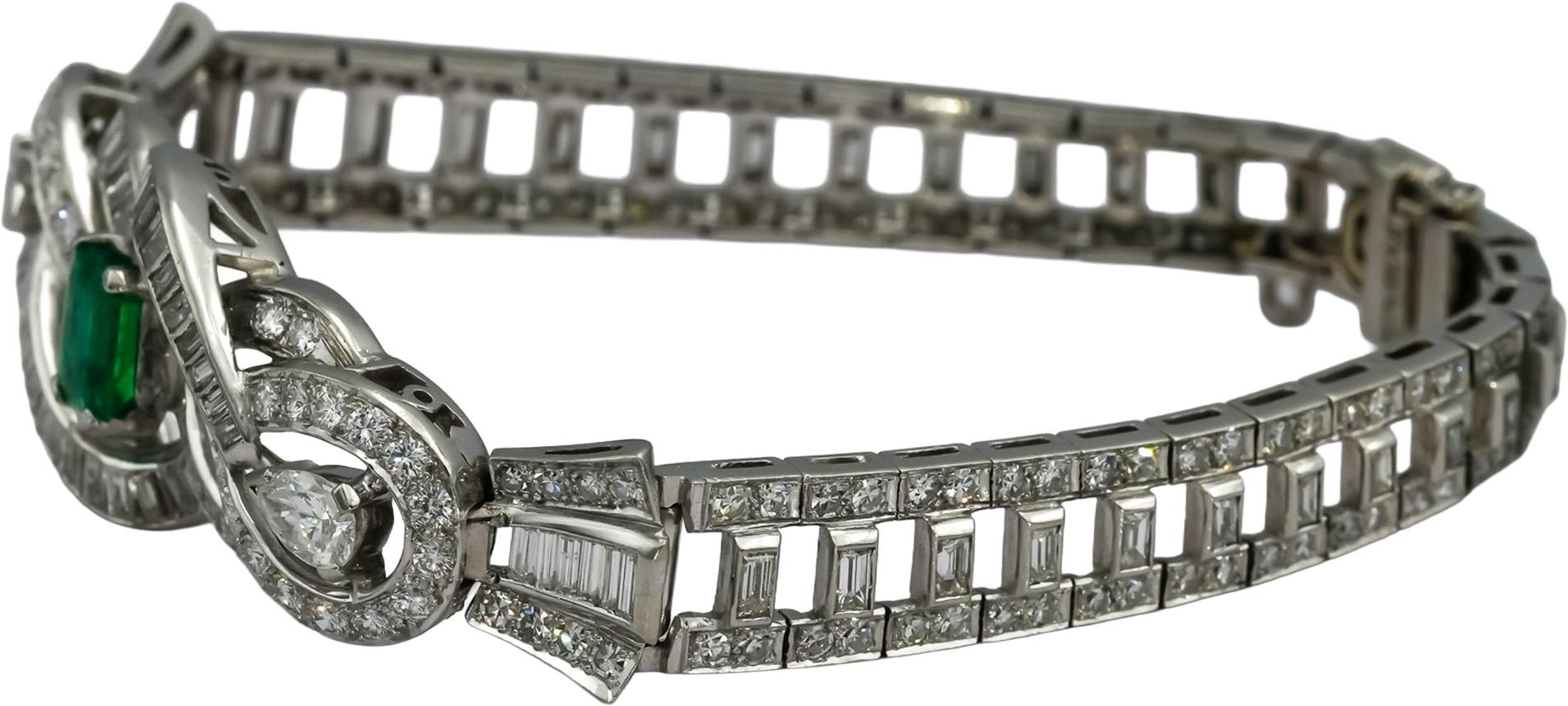 Vintage Antique Deco Platinum VS Diamond and Emerald Bracelet 6.50-7.0CT