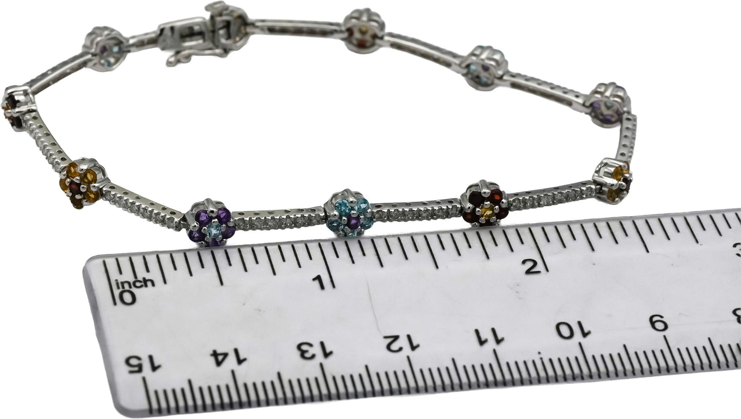 14k White Gold Round Diamond and Multi Color Gemstone Flower Bracelet 0.50CT