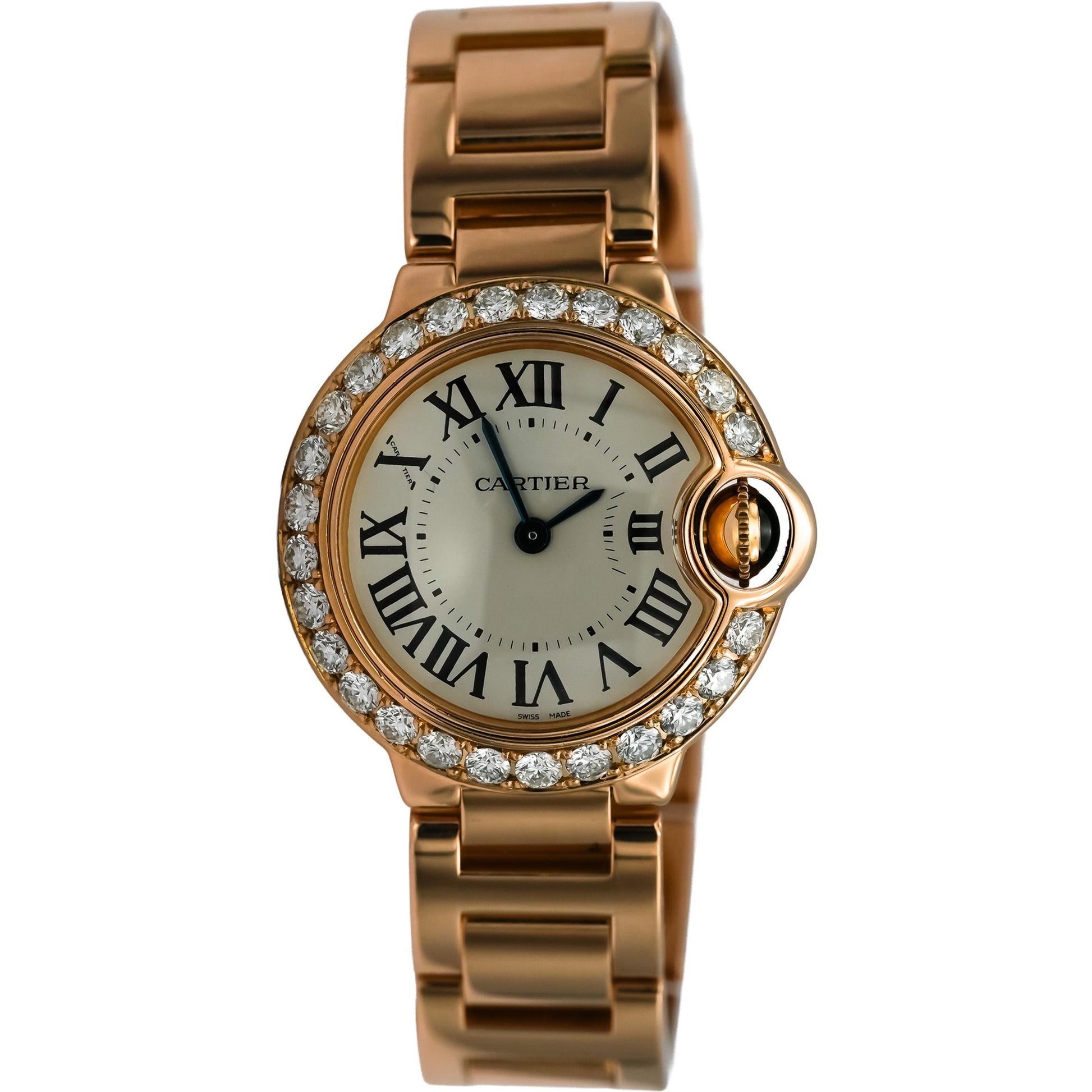 CARTIER 18k Rose Gold Ballon Bleu Diamond Bezel 28mm Ladies Watch Ref 80482NX