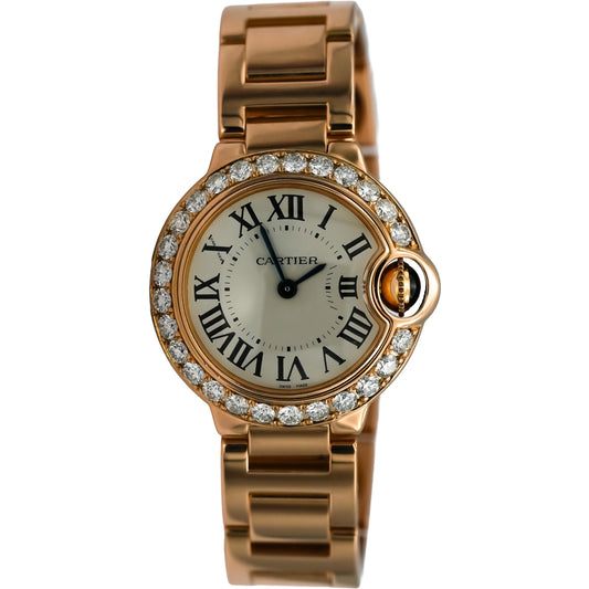 CARTIER 18k Rose Gold Ballon Bleu Diamond Bezel 28mm Ladies Watch Ref 80482NX