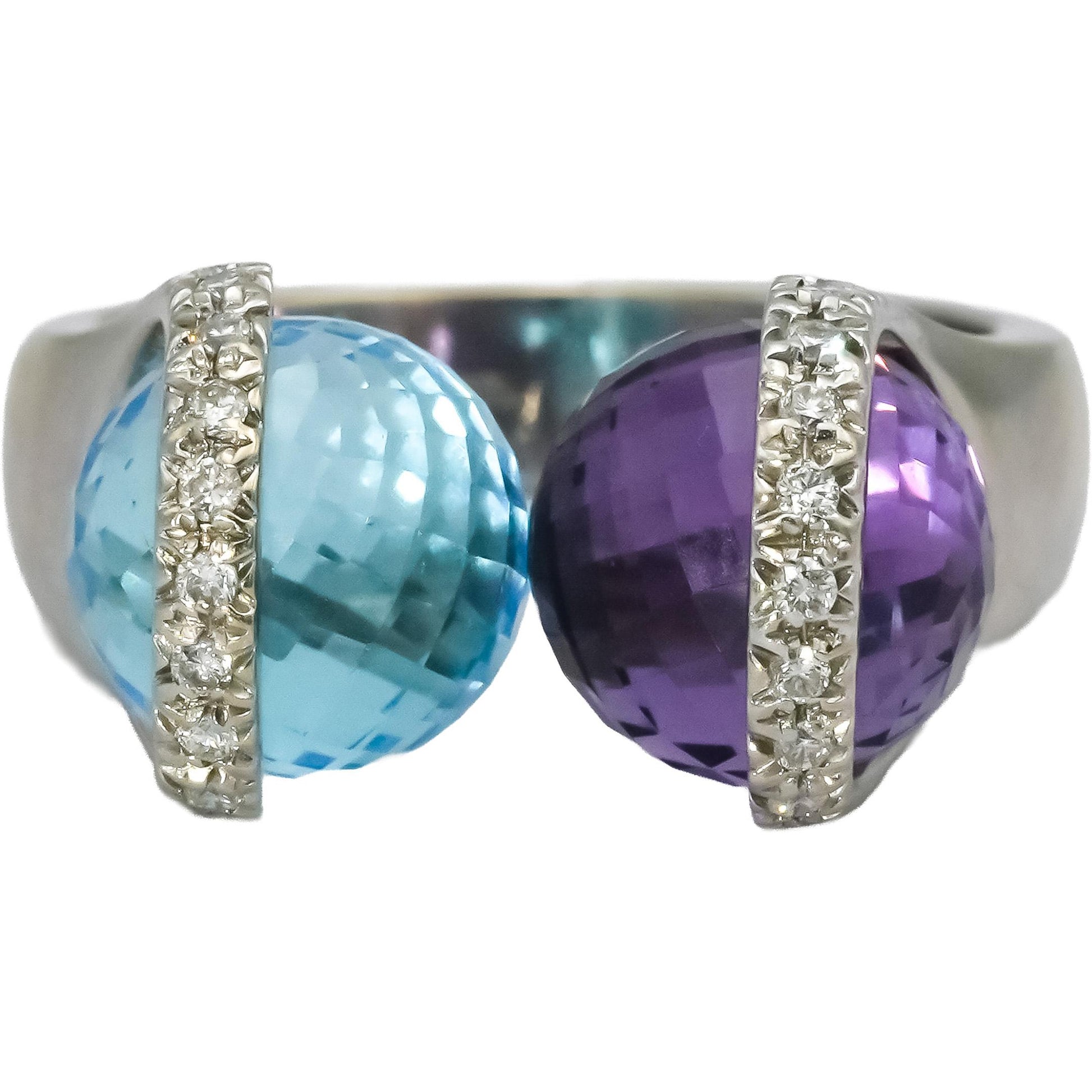 BIBIGI 18k White Gold Diamond Amethyst Blue Topaz Bypass Ring 0.25CT Size 6.25