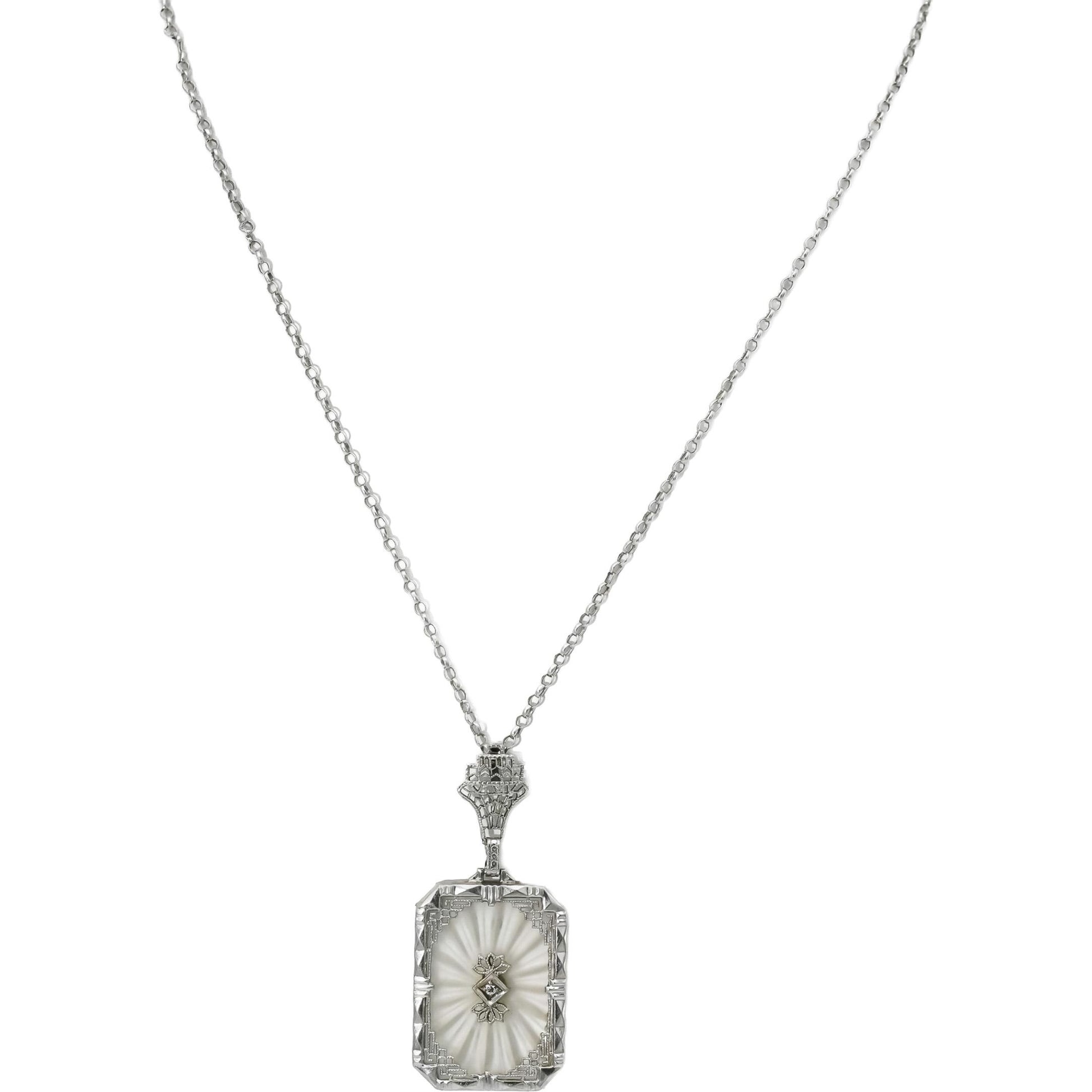 Vintage Antique 14k White Gold Rock Quartz Pendant Necklace w/ Diamond Accent