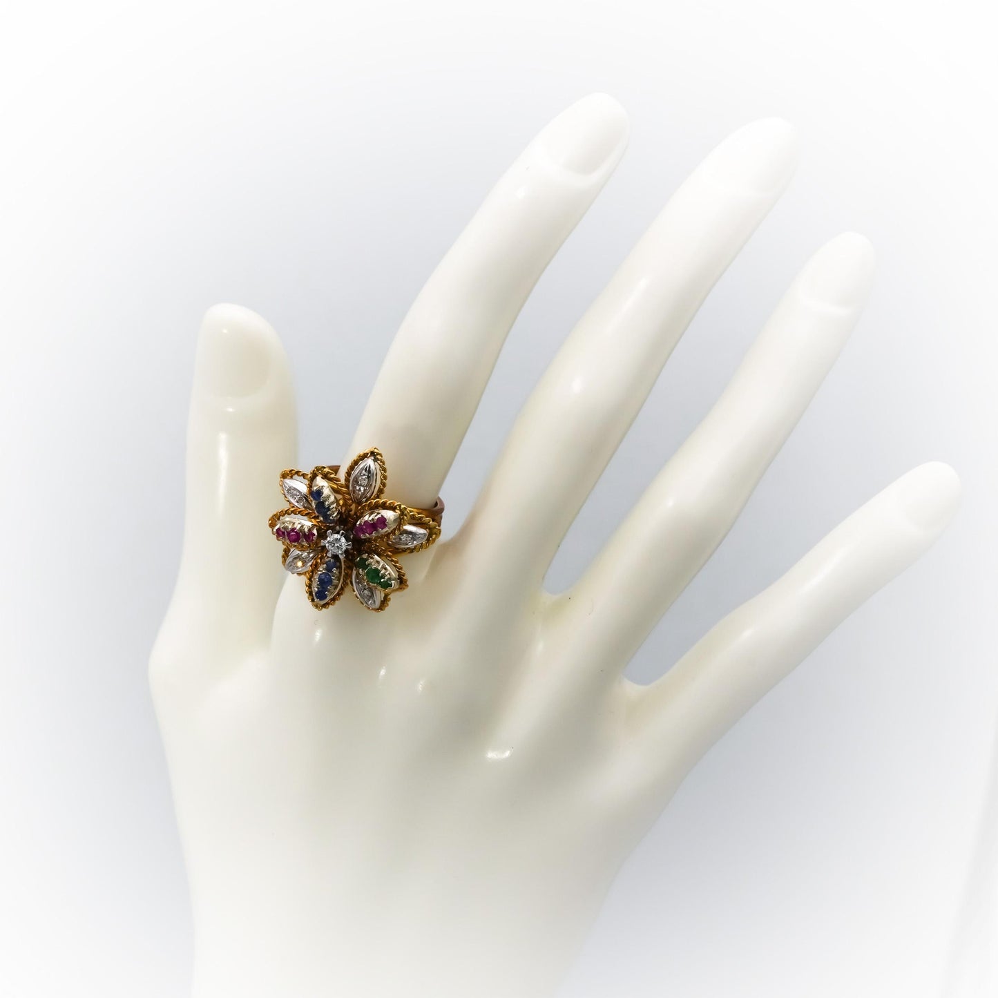 Vintage 18k White Yellow Gold Diamond Ruby Emerald Flower Ring .60CT Size 6.5