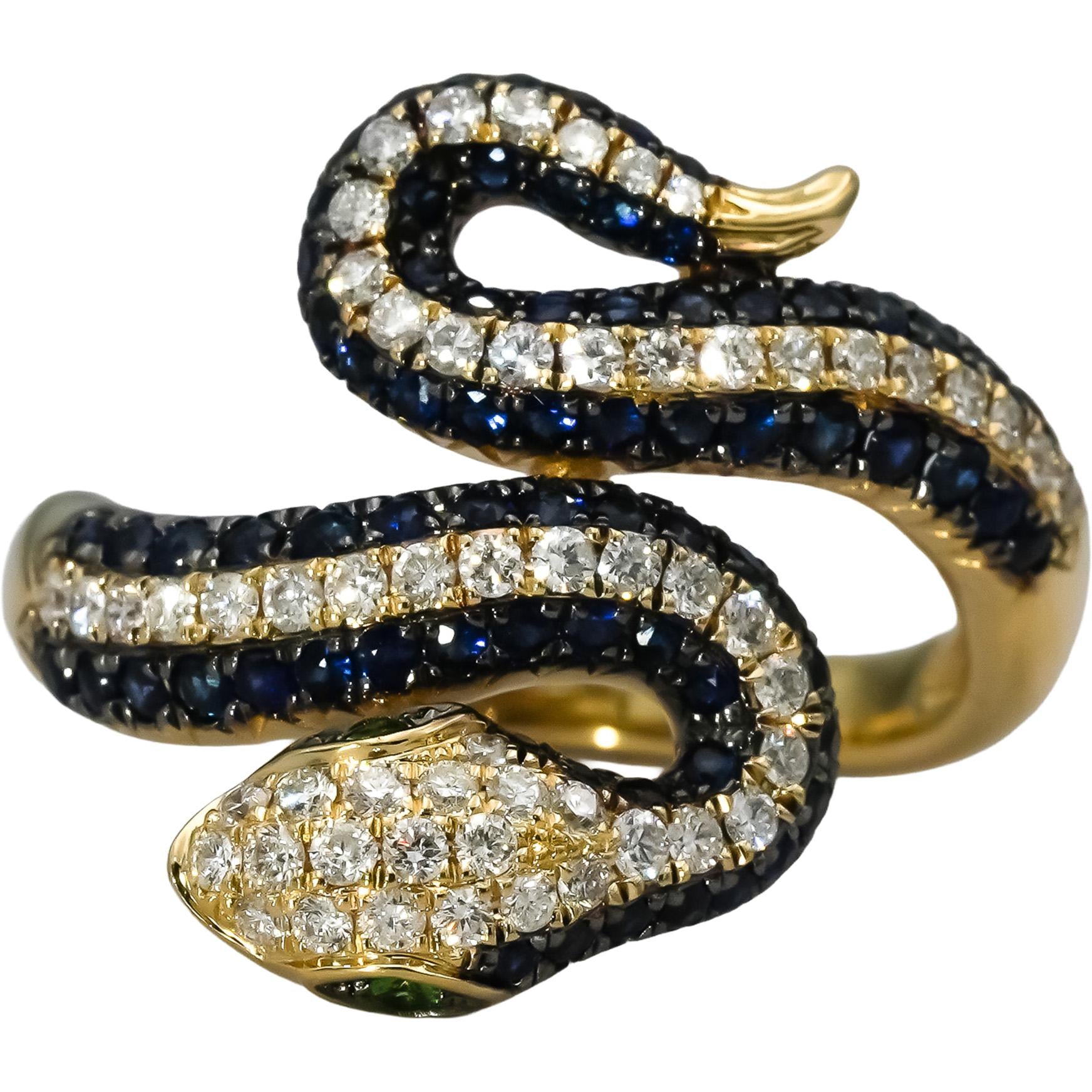 EFFY 14k Yellow Gold Diamond Sapphire Tsavorite Safari Snake Ring 1.49CT Size 8