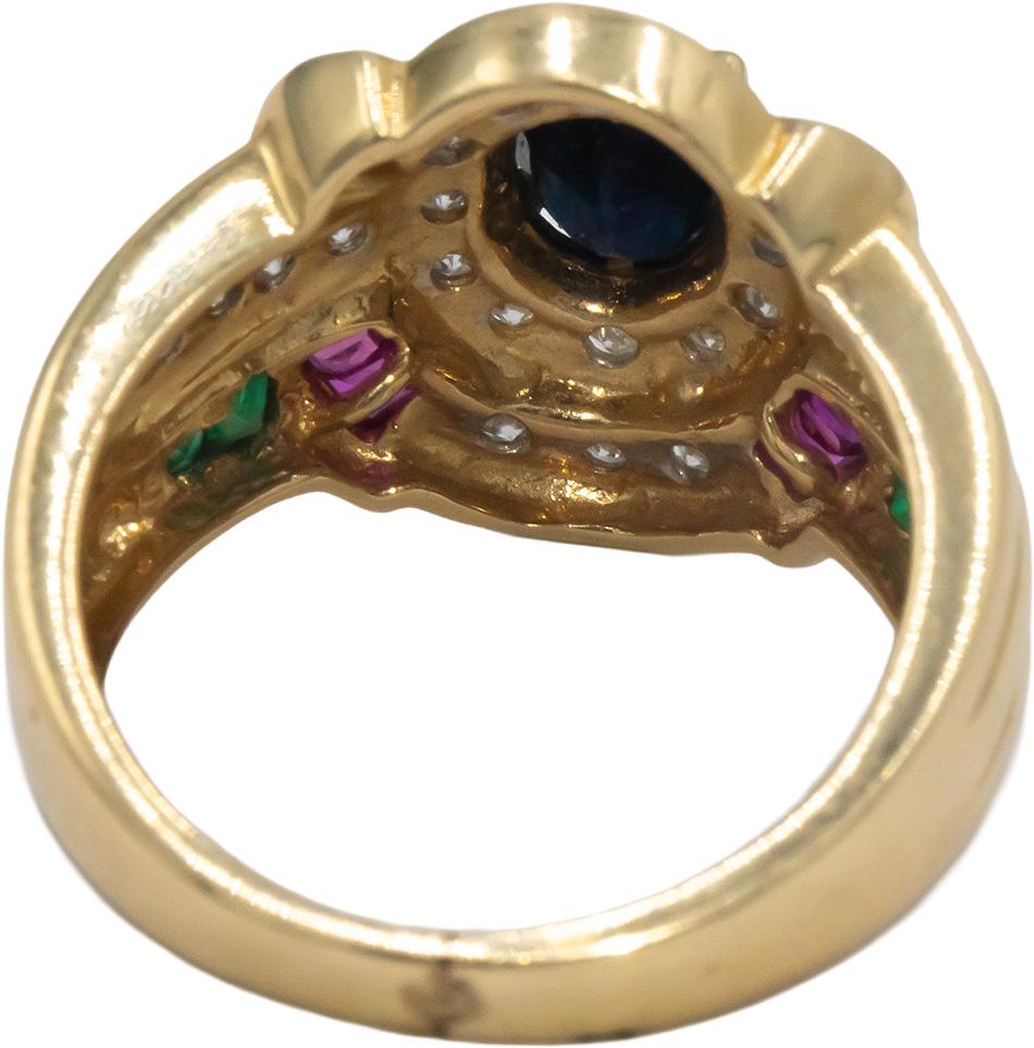 14k Yellow Gold 0.88CT Diamond Sapphire Emerald Ruby Cocktail Ring Size 6
