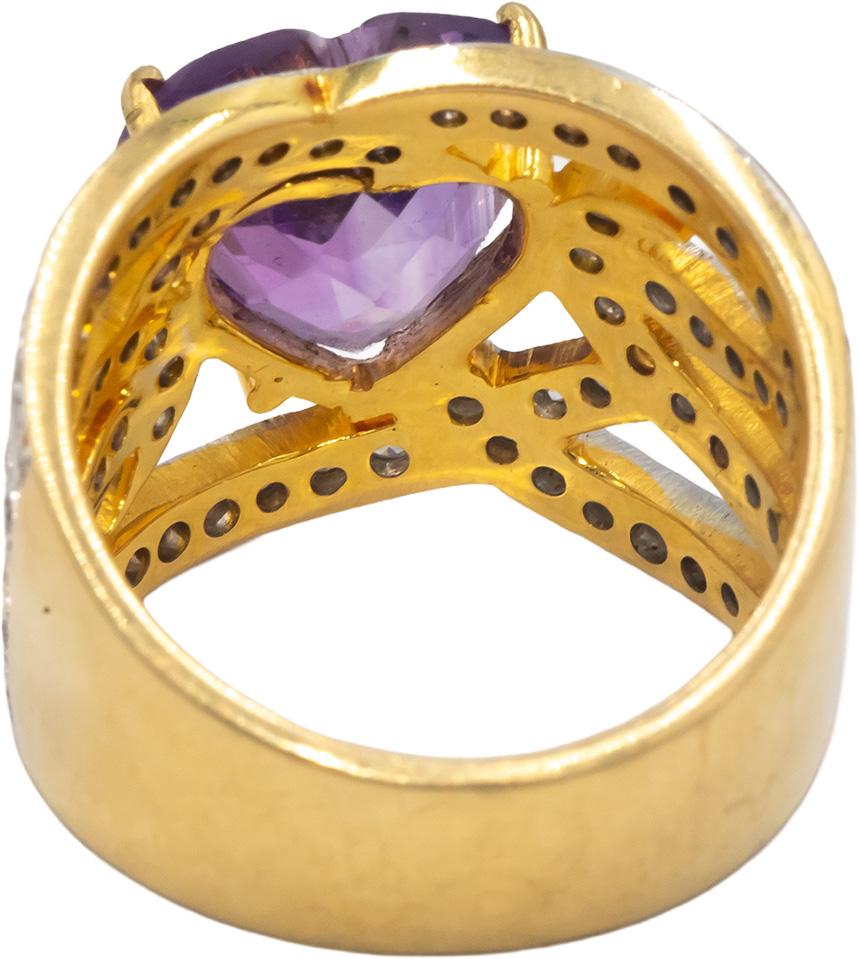 18k Yellow Gold 4.50CT VS Diamond and Amethyst Heart Cocktail Ring Size 6.5