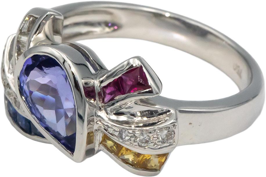 18k White Gold 1.40CT Diamond Tanzanite Sapphire Ruby Ribbon Ring Size 7